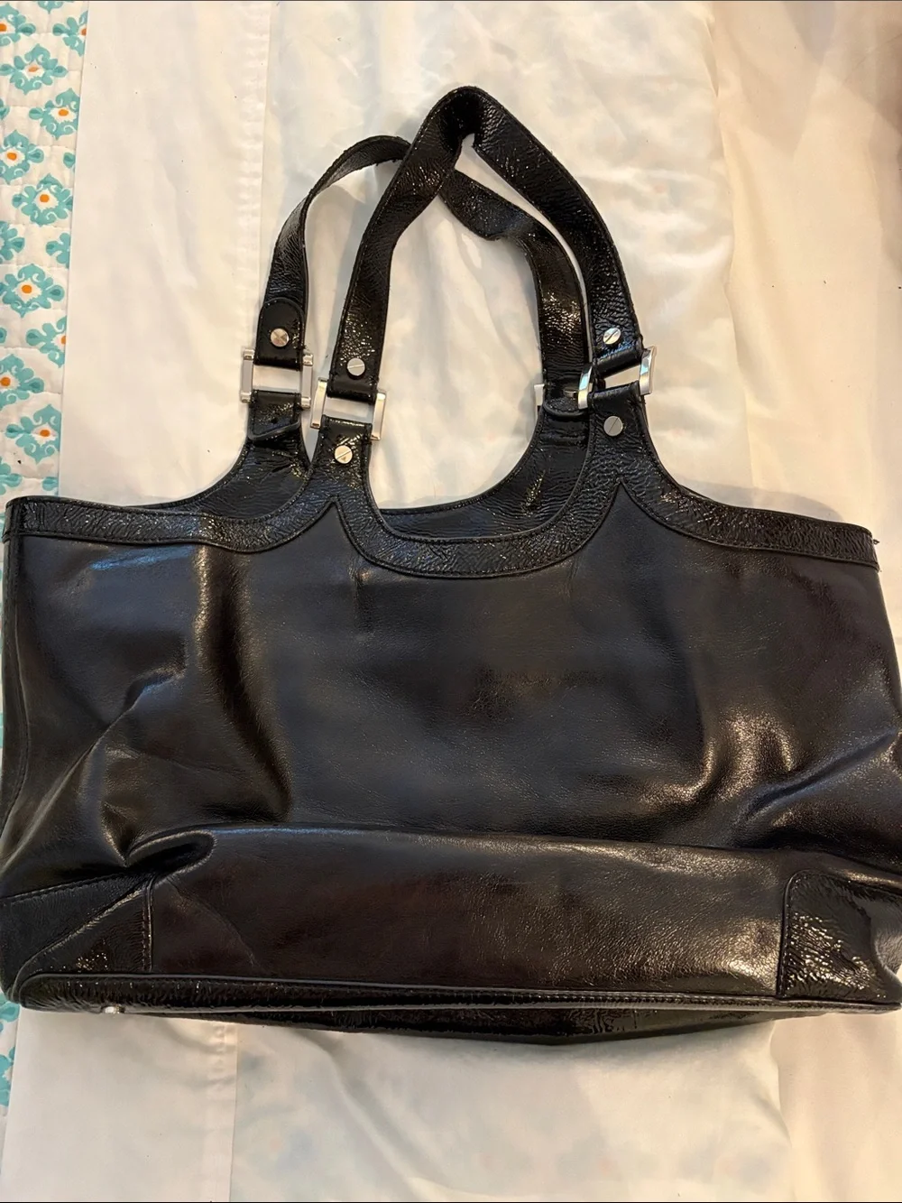 Tory Burch Black Patent Leather Logo Tote
